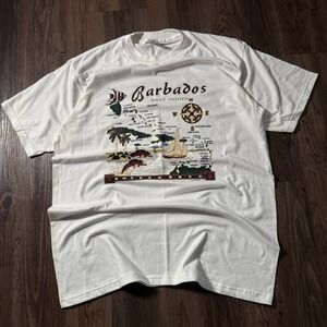 Mens L White Barbados West Indies Map Graphic T Shirt 100%‎ Cotton Ganzee